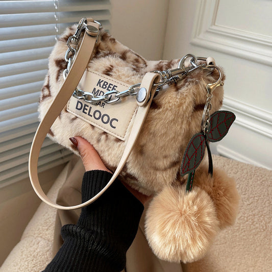 Soft Fluffy Cherry Shoulder Bag with Silver Chain