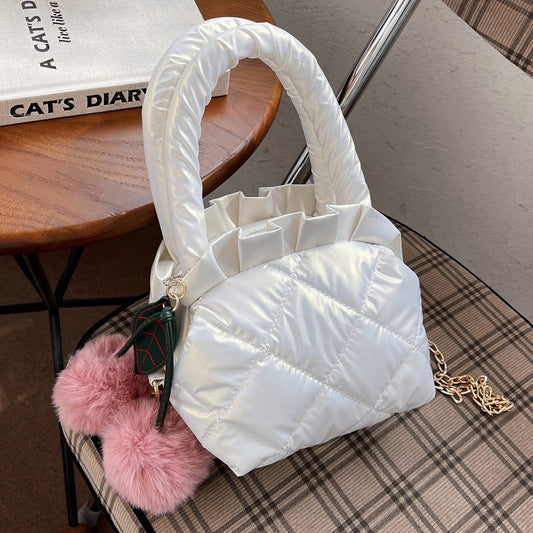 Shiny Puffer Jacket Design Handbag with Cherry Pompom