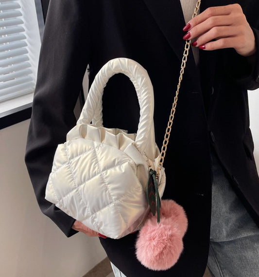 Shiny Puffer Jacket Design Handbag with Cherry Pompom