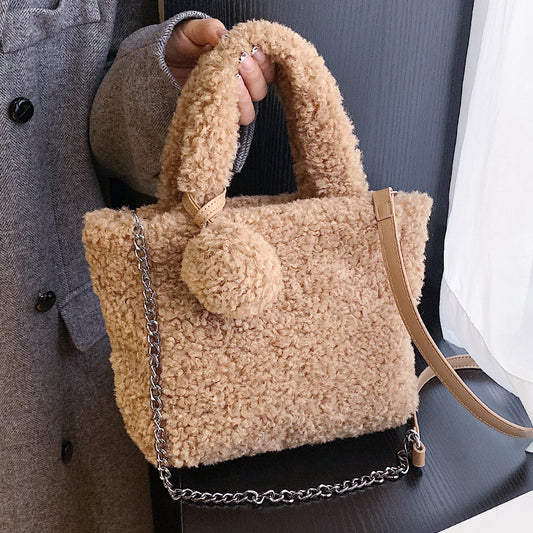 Fuzzy Teddy Bucket Bag with Pompom and Chain Strap