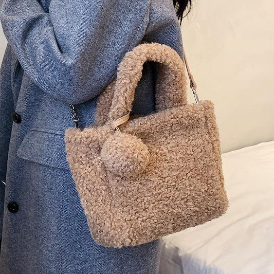 Fuzzy Teddy Bucket Bag with Pompom and Chain Strap