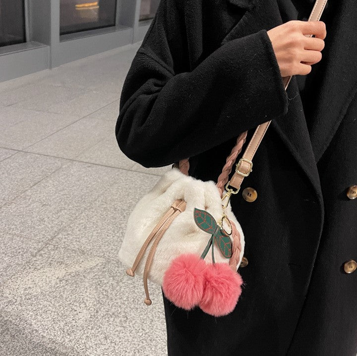 Soft Fluffy Bucket Shape Handbag with Cherry Keychain
