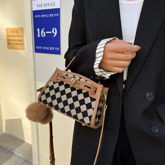 Small Checkered Handbag with Belt Clasp and Cherry Pompom