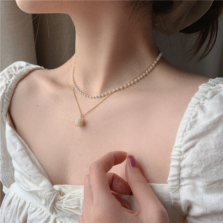 Double Layered Pearl and Gold Chain Necklace