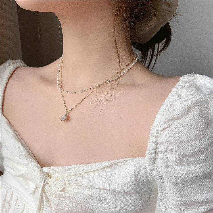 Double Layered Pearl and Gold Chain Necklace