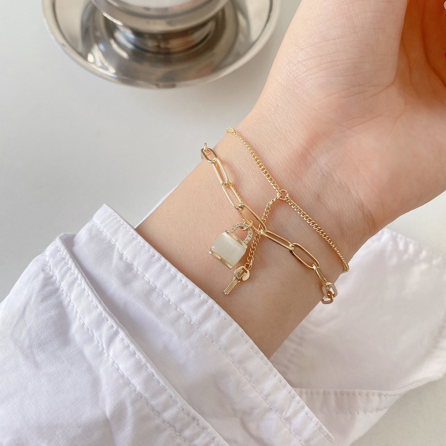 Lock and Key Gold Double Layered Bracelet