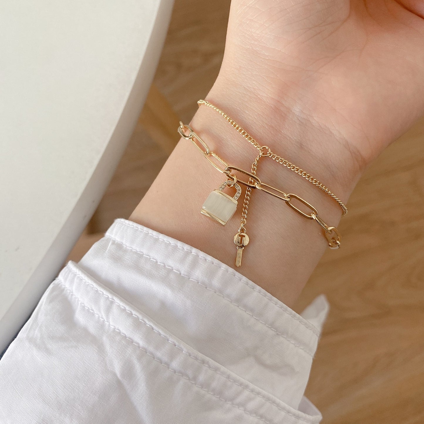 Lock and Key Gold Double Layered Bracelet