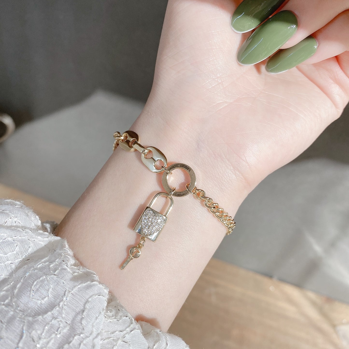 Asymmetrical Thick Gold Chain Lock Charm Bracelet