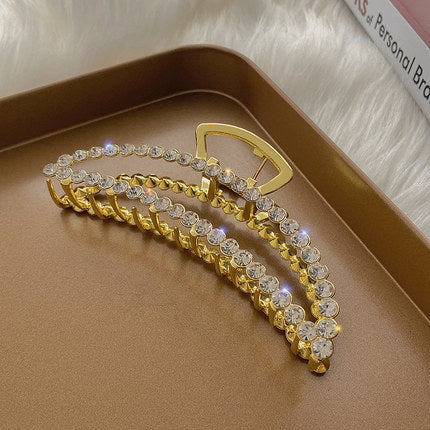 Gold Metal Geometric Open Hair Claw with Crystals & Pearls