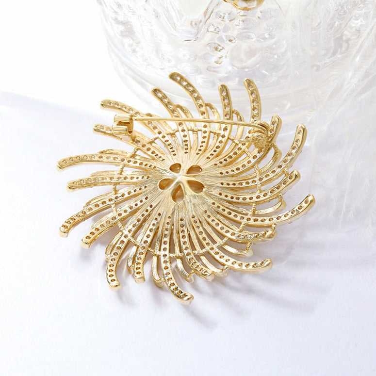 Beaming Sun Gold Brooch with Crystals & Pearls