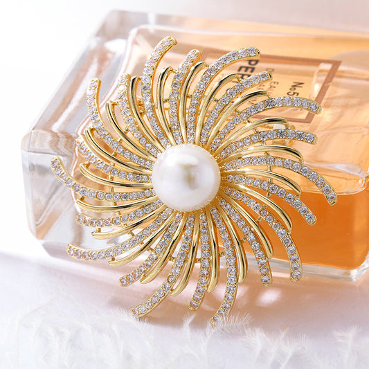 Beaming Sun Gold Brooch with Crystals & Pearls