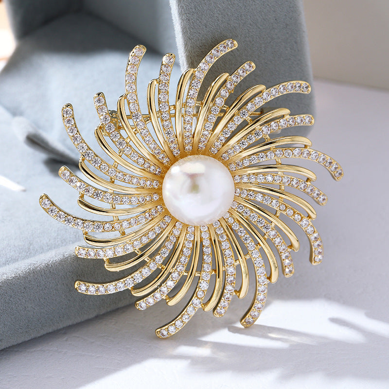 Beaming Sun Gold Brooch with Crystals & Pearls