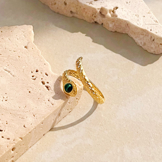 Gold Twisting Snake with Emerald Green Crystal Ring