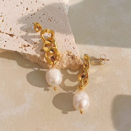 Gold Chain Linked Pearl Dangle Earrings