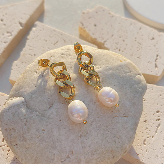 Gold Chain Linked Pearl Dangle Earrings