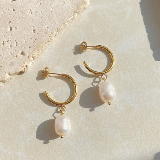 Gold Open Hoop Pearl Earrings