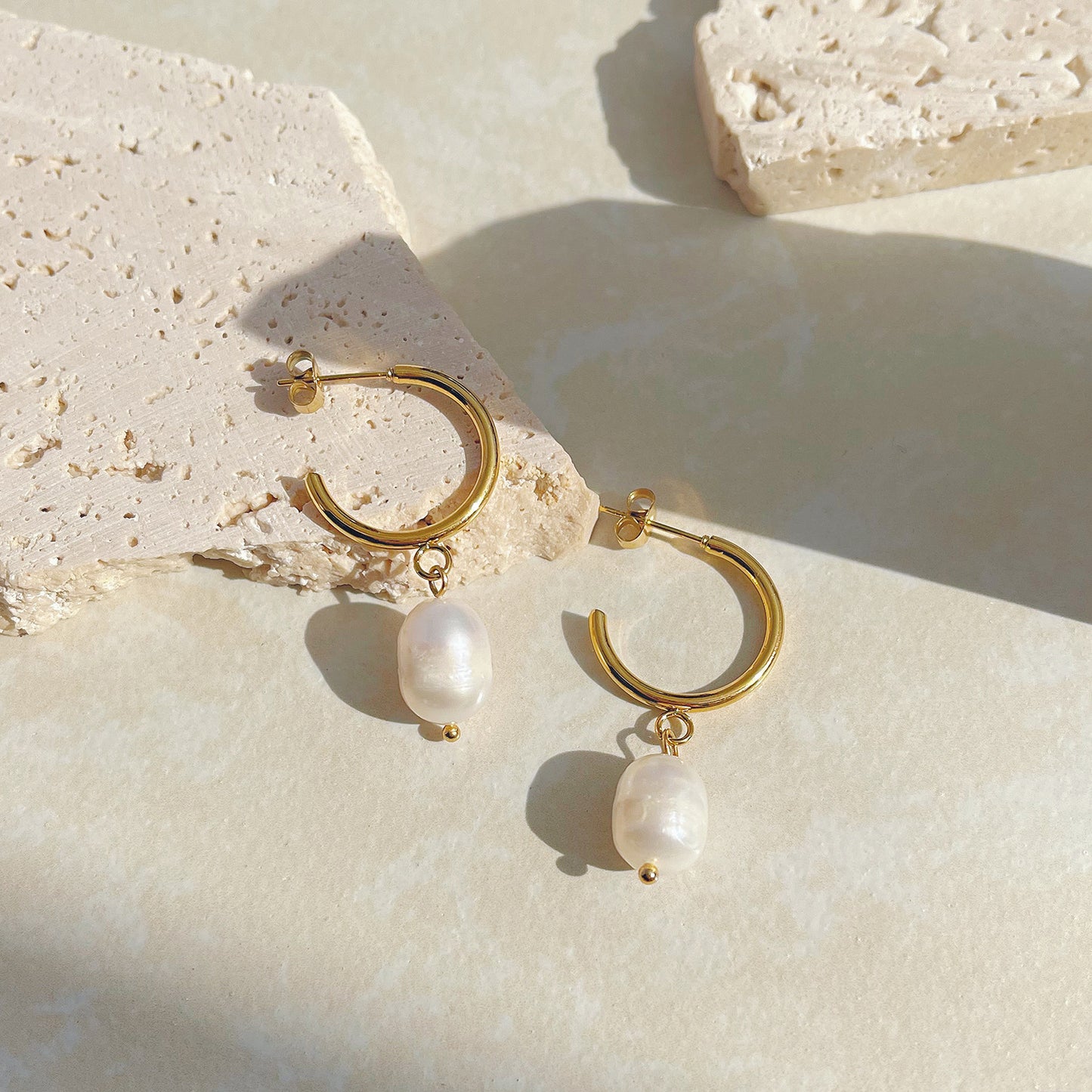 Gold Open Hoop Pearl Earrings