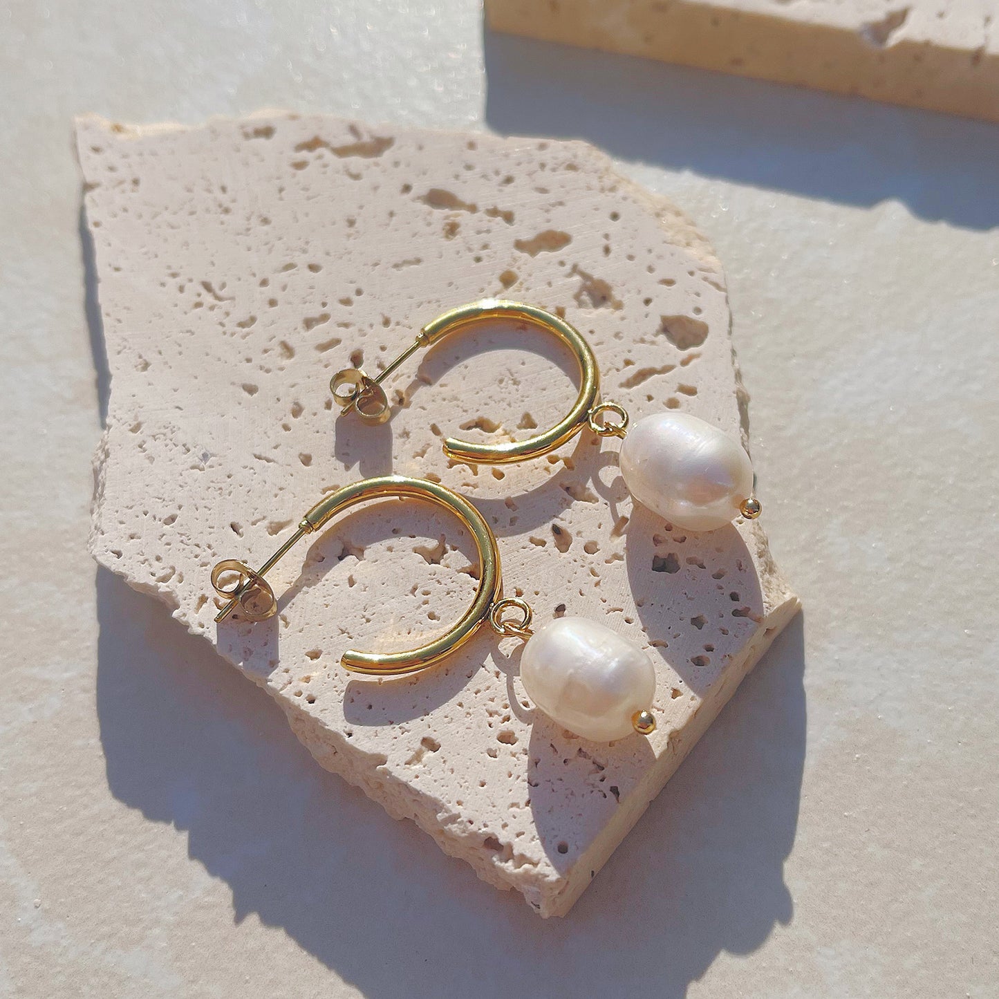 Gold Open Hoop Pearl Earrings