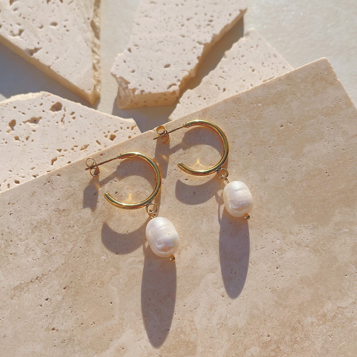 Gold Open Hoop Pearl Earrings