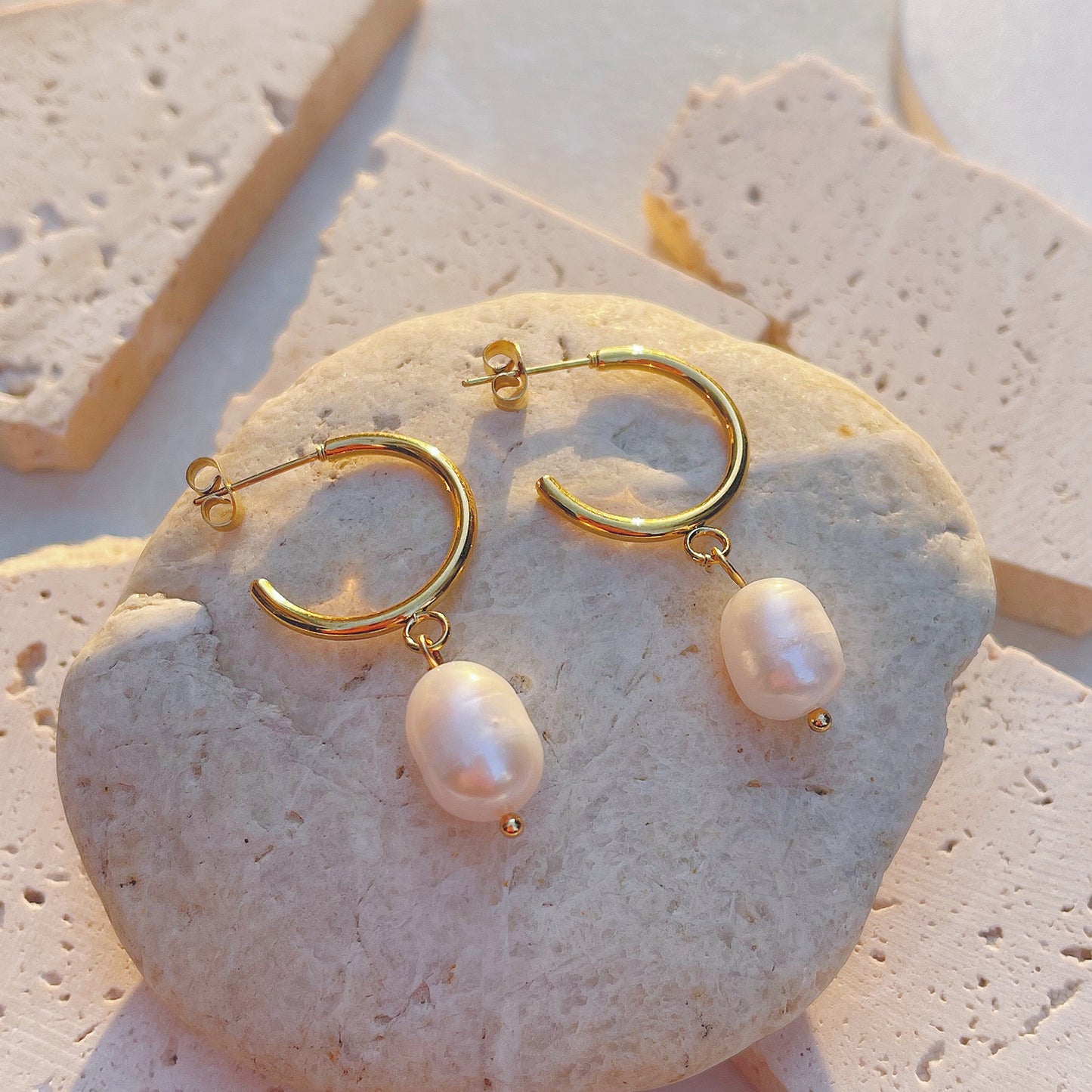 Gold Open Hoop Pearl Earrings