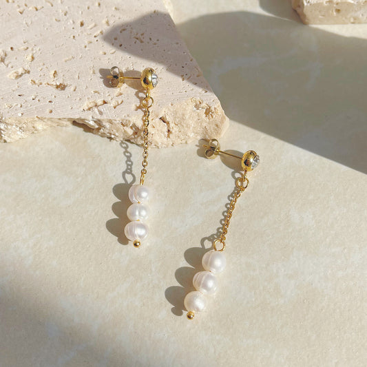 Gold Long Dangle Pearl Earrings