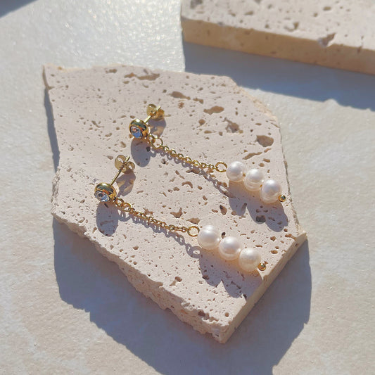 Gold Long Dangle Pearl Earrings
