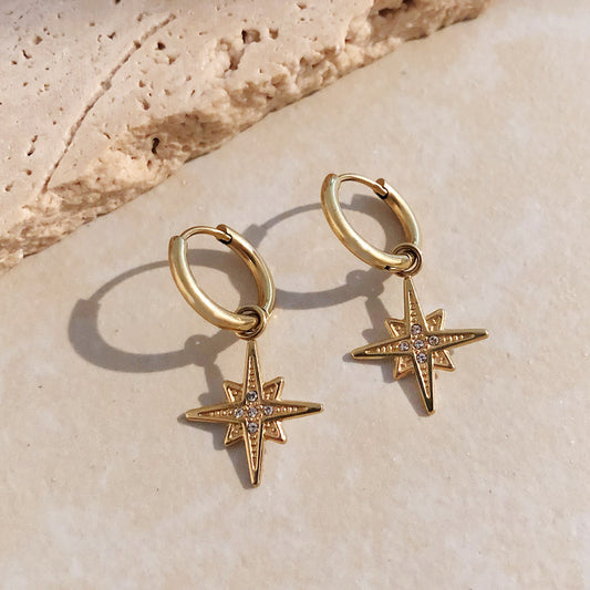 Gold Eight-Pointed Star with Crystals Earrings
