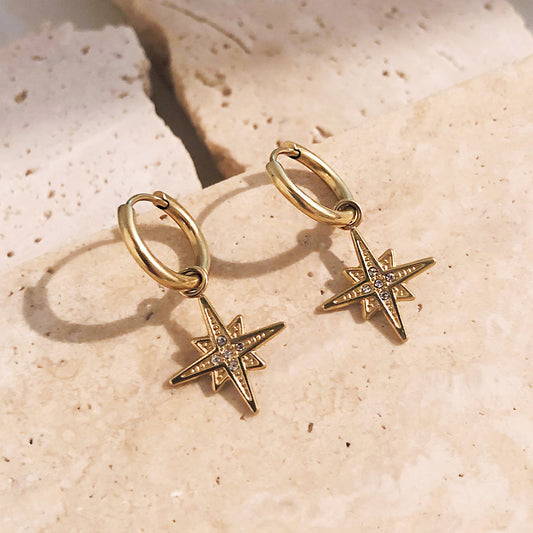 Gold Eight-Pointed Star with Crystals Earrings