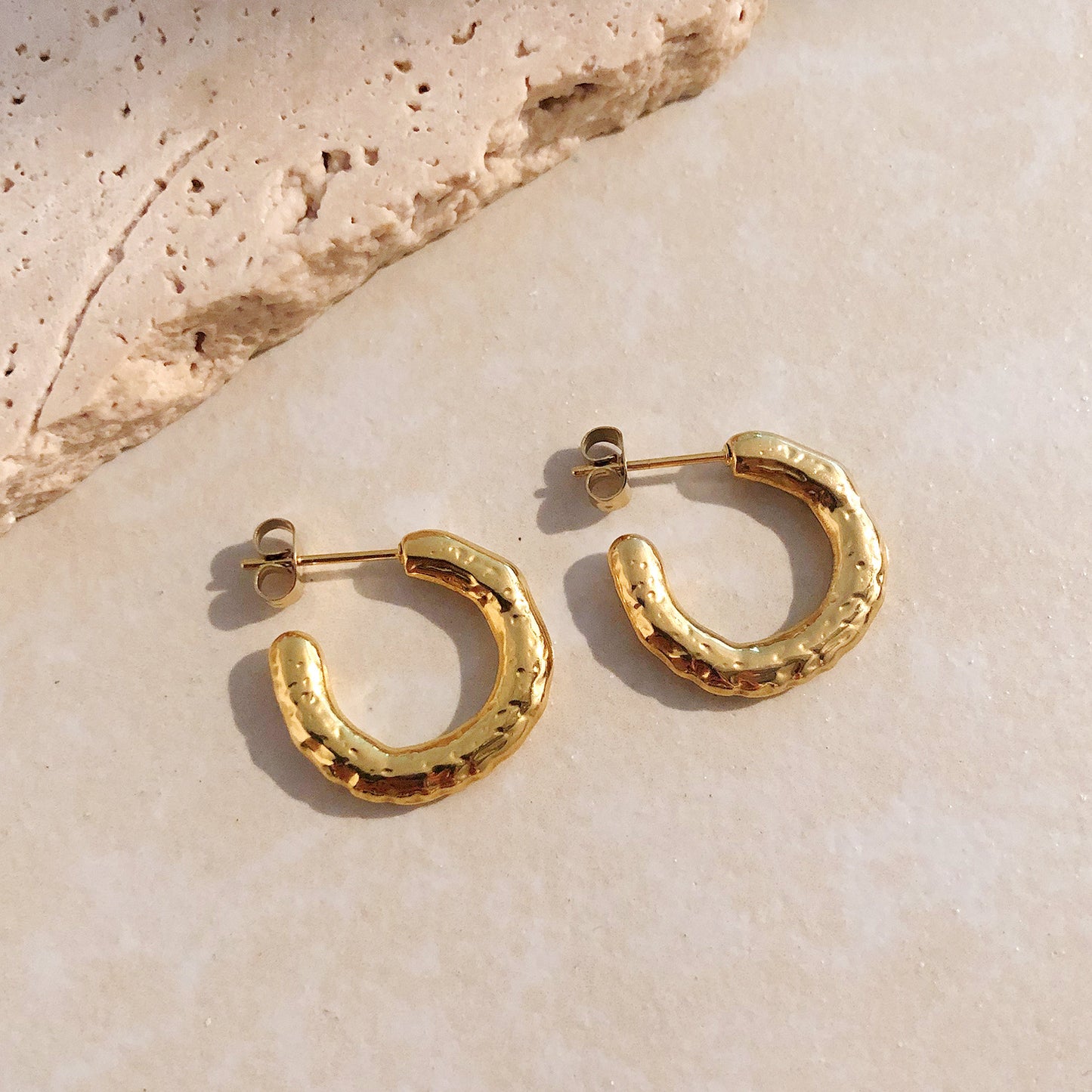 Gold Flat Textured Hoop Earrings