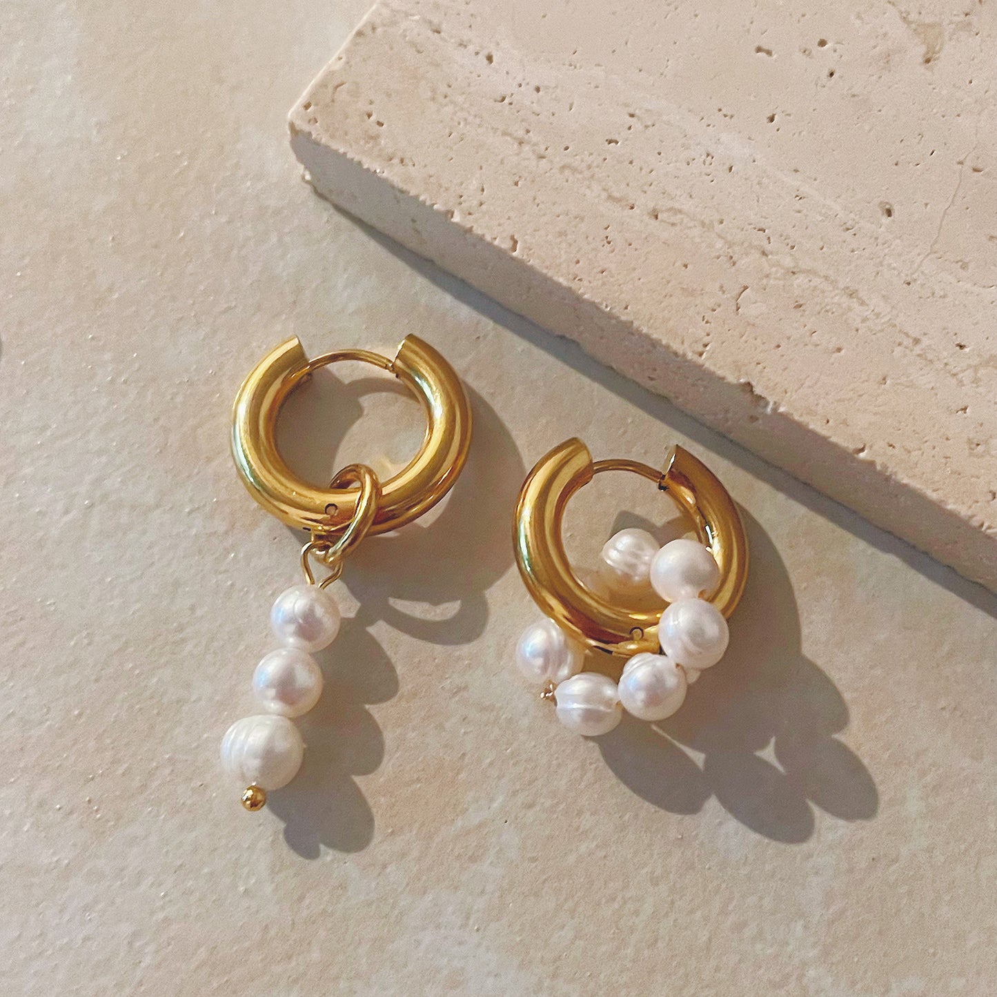 Asymmetrical Pearl Beaded Gold Dangle Earrings