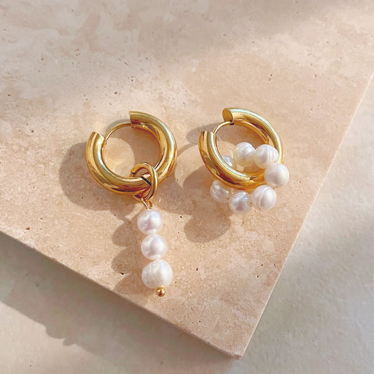 Asymmetrical Pearl Beaded Gold Dangle Earrings