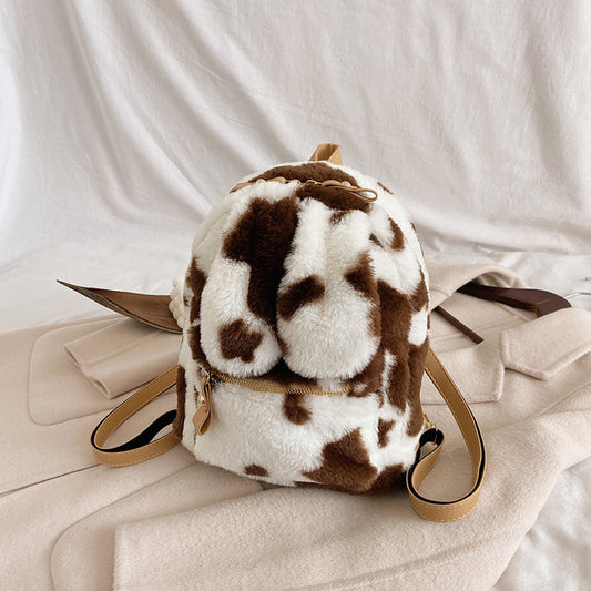 Cow Print Bunny Ears Furry Backpack