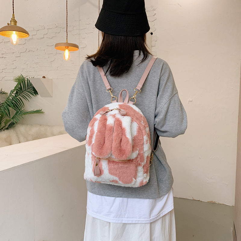 Cow Print Bunny Ears Furry Backpack