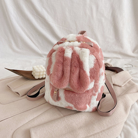 Cow Print Bunny Ears Furry Backpack