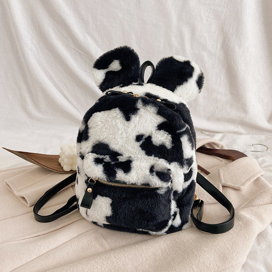 Cow Print Mouse Ears Furry Backpack