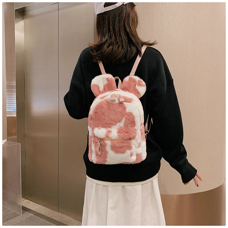 Cow Print Mouse Ears Furry Backpack