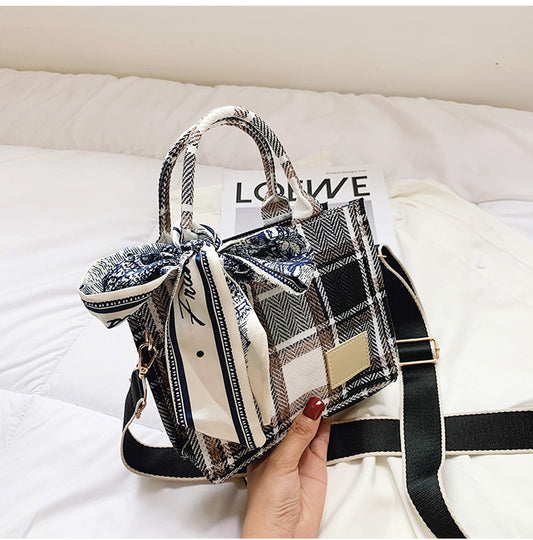 Plaid Handbag with Ribbon