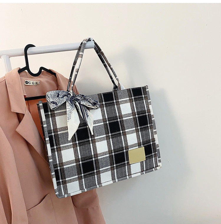 Plaid Handbag with Ribbon