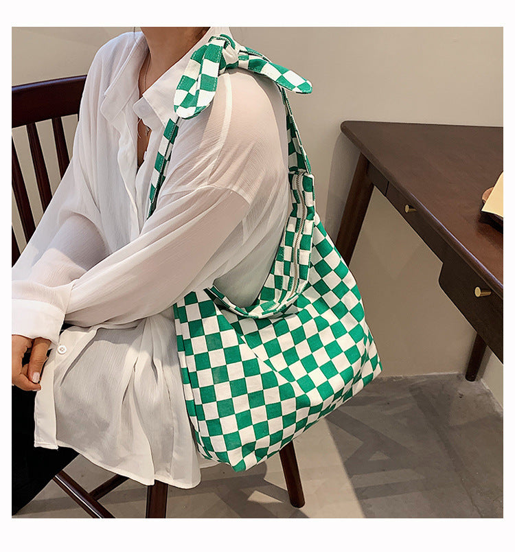 Checkered Tote Bag with Zippers