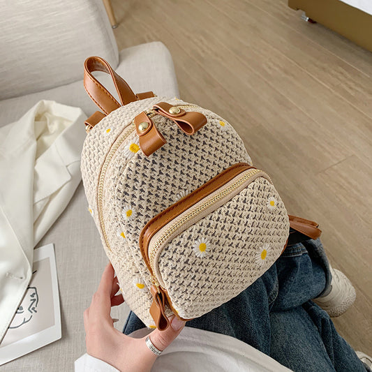 Summery Woven Rattan Backpack with Daisies