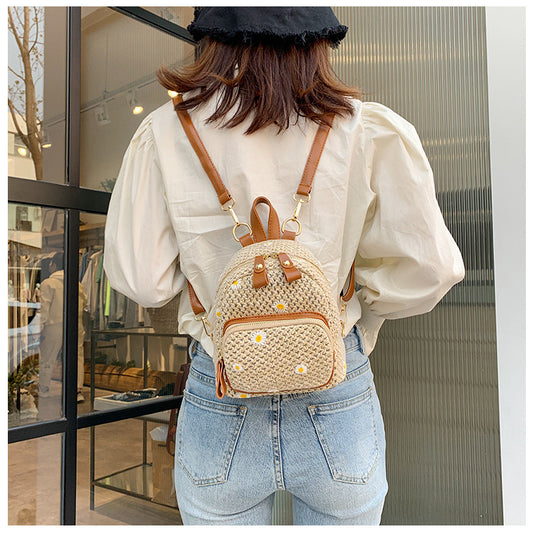 Summery Woven Rattan Backpack with Daisies