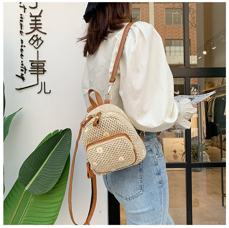 Summery Woven Rattan Backpack with Daisies