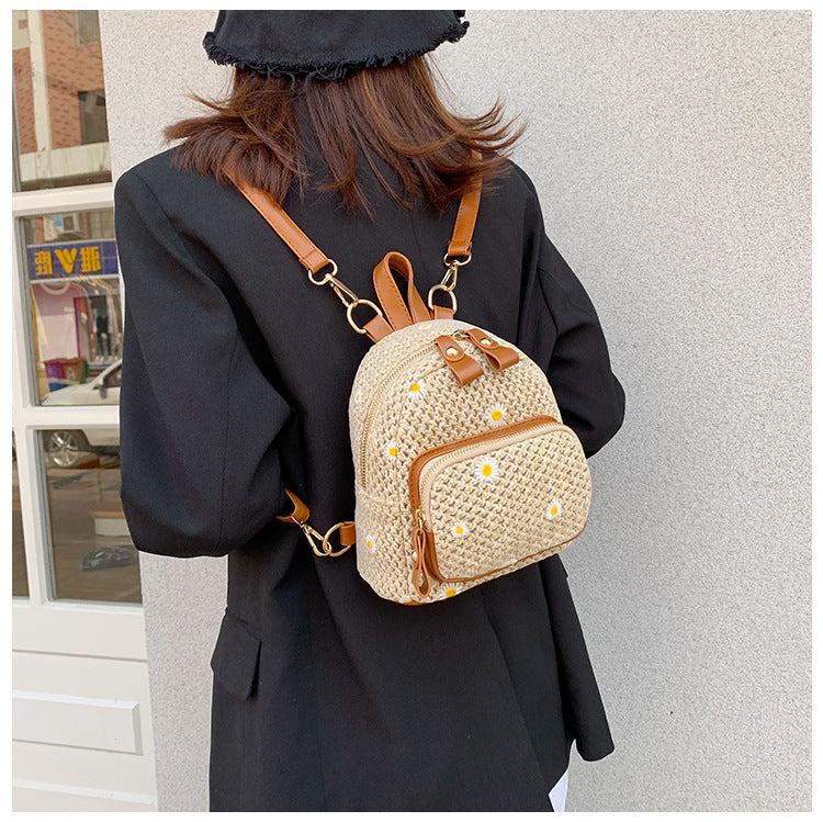 Summery Woven Rattan Backpack with Daisies