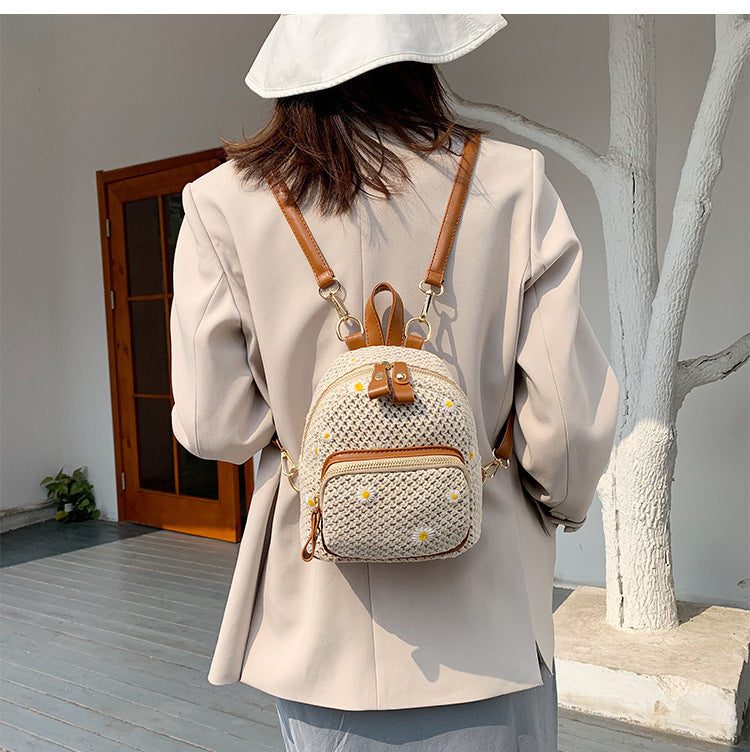 Summery Woven Rattan Backpack with Daisies