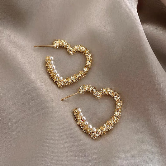 Gold Heart Pearl Beaded Earrings