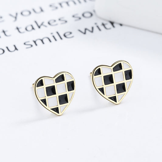 Checkered Heart 925 Sterling Silver Ear Studs