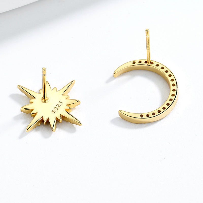 Asymmetrical Moon & Star 925 Sterling Silver Earrings