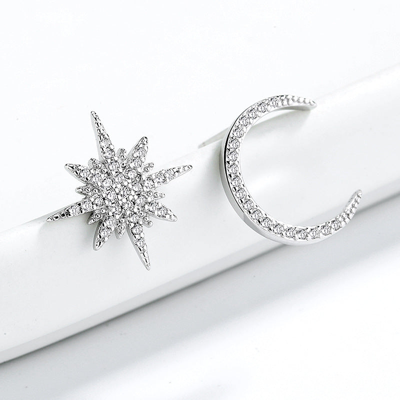 Asymmetrical Moon & Star 925 Sterling Silver Earrings