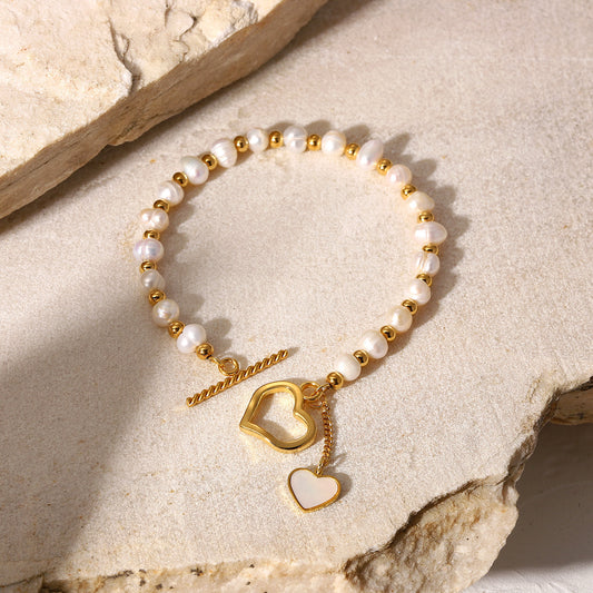 Freshwater Pearl Heart Clasp 18K Gold-Plated Bracelet