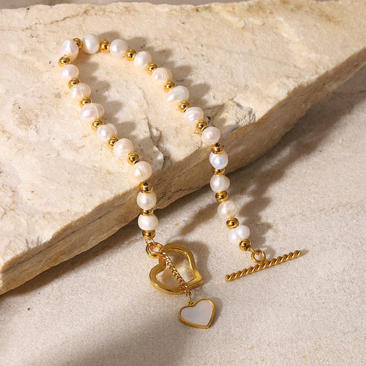 Freshwater Pearl Heart Clasp 18K Gold-Plated Bracelet